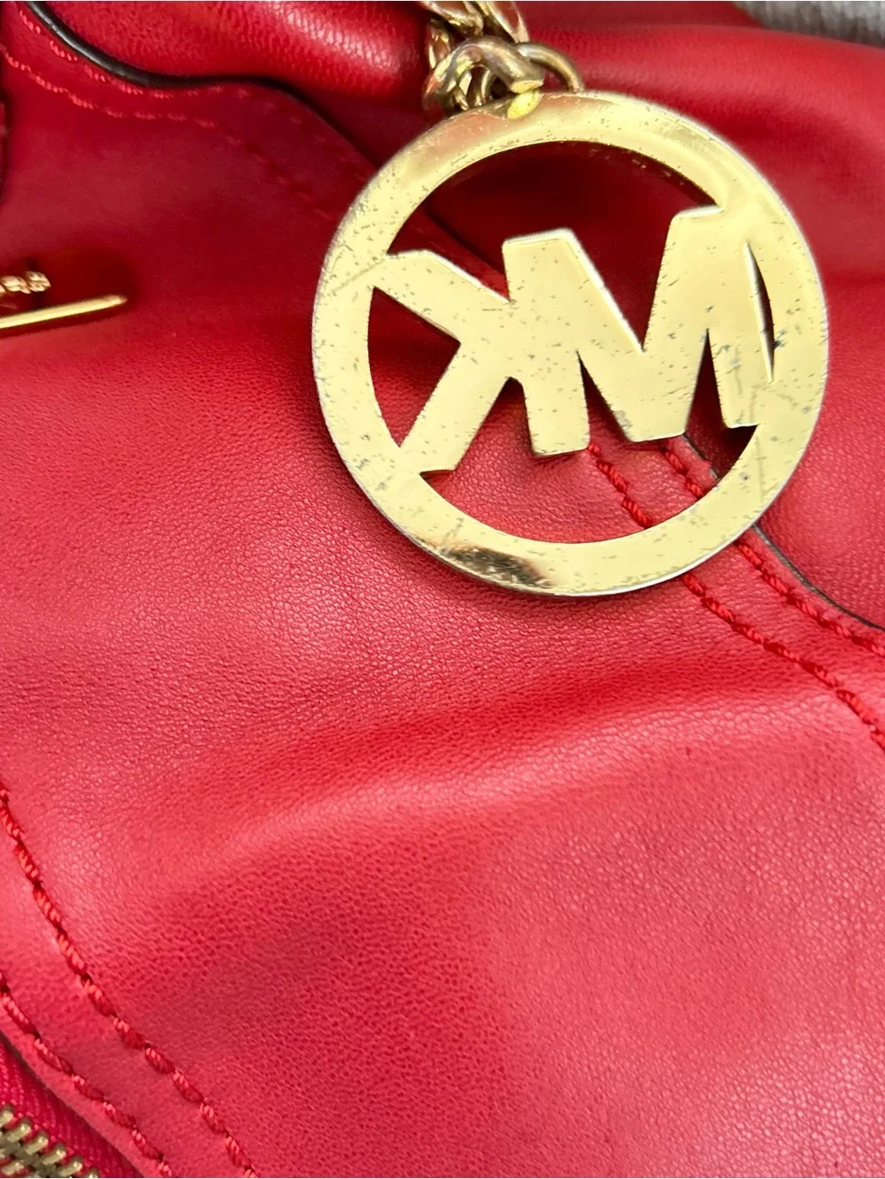 Michael Kors Red Leather Hobo Shoulder Bag with Gold Accents